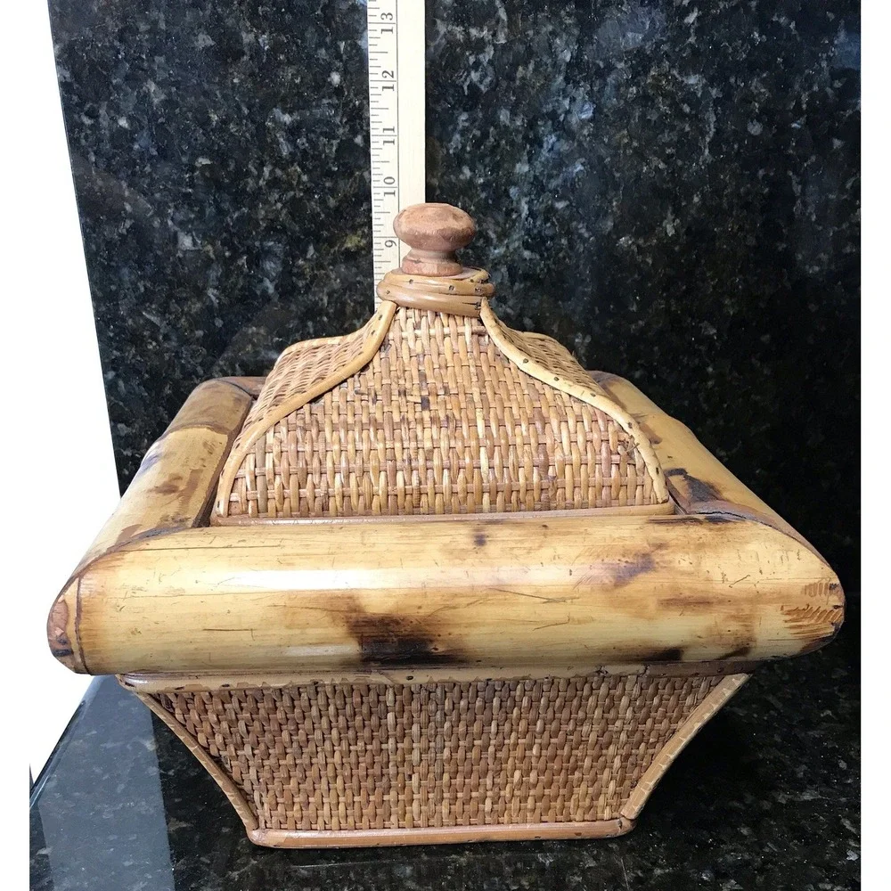 Vintage Wicker Rattan Scorched Bamboo Storage Box With Lid Planter